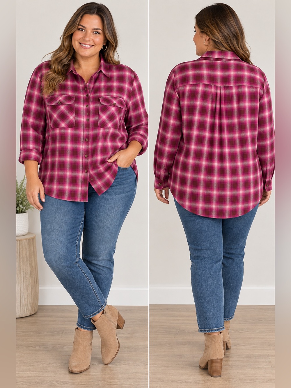 Terra & Sky Pink Berry Plaid Button Down Shirt 1X